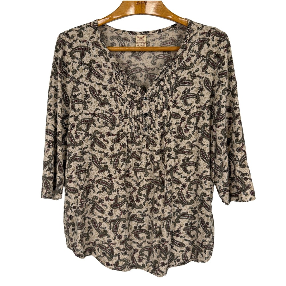Faded Glory Paisley Pleated Bib Top XL 16-18 Fruit Khaki Rayon 3/4 Sleeve